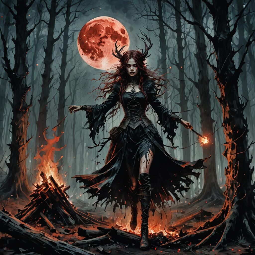 Gothic Witch Dances in Dark Forest Clearing