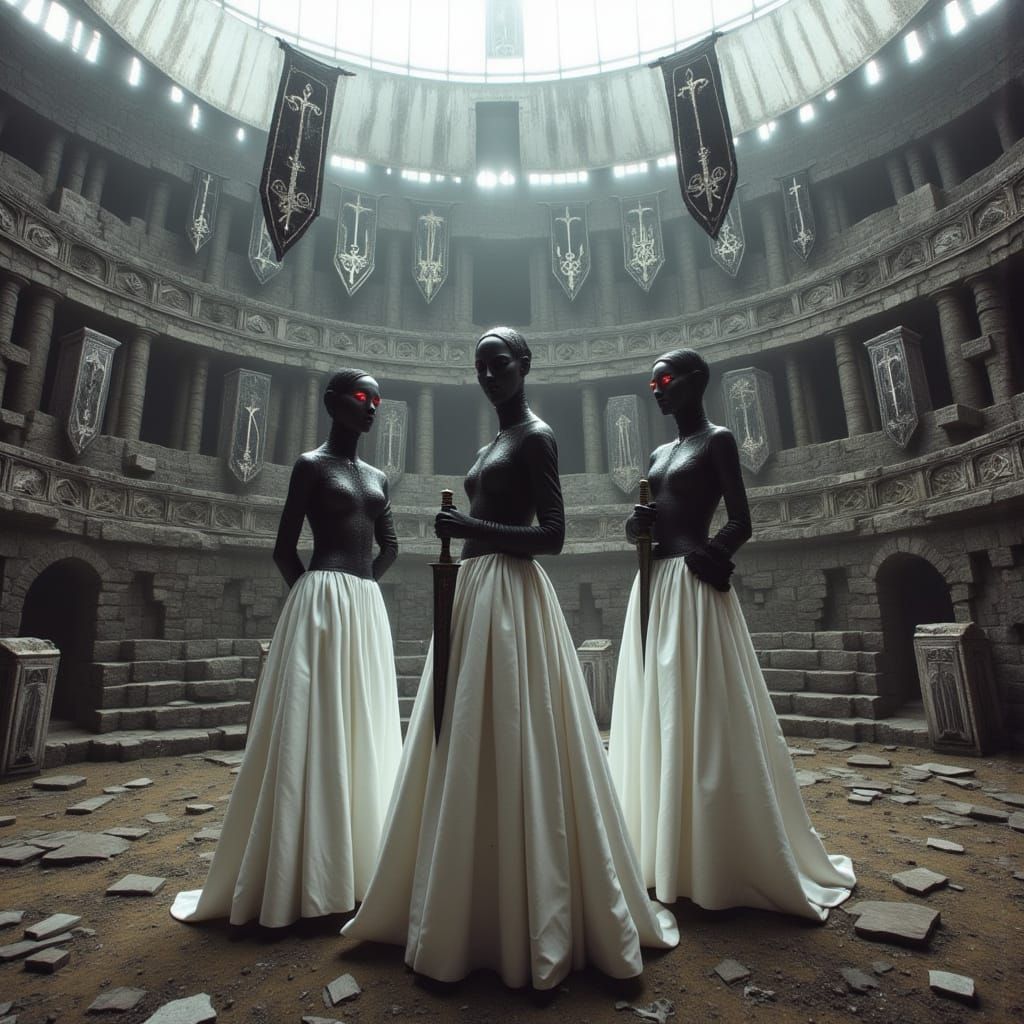 Three Masked Brides Stand Guard in Abandoned Arena