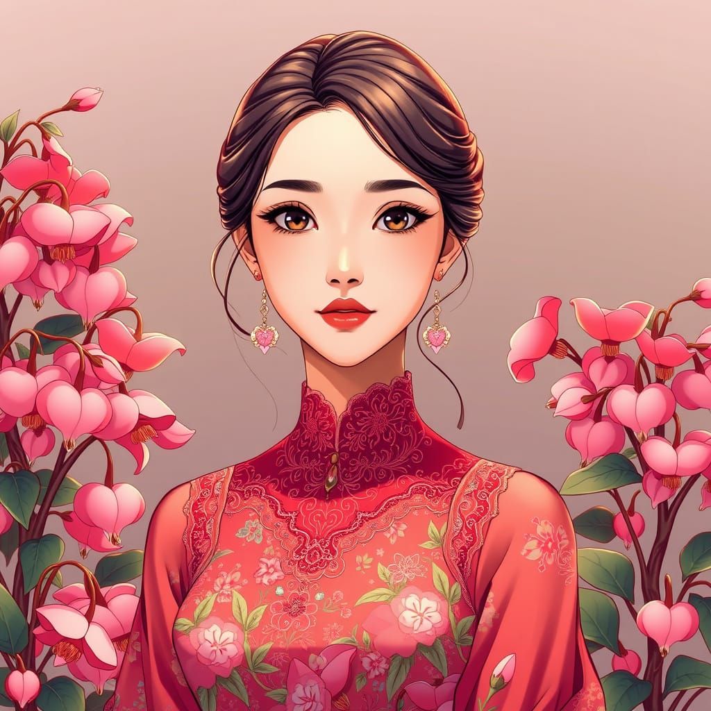 Elegant Asian Woman in Vibrant Floral Dress with Bleeding He...