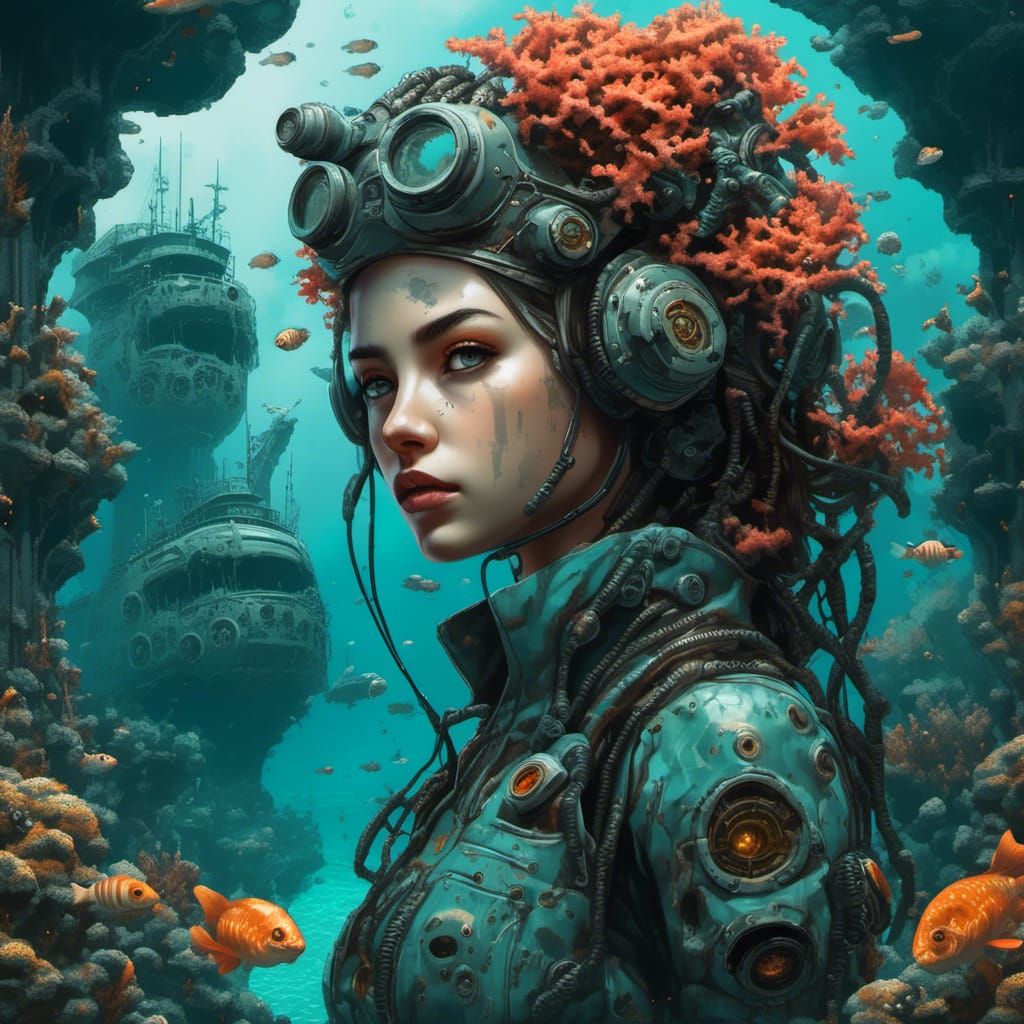 Cyberpunk Biomechanical Goddess Reigns Over Sunken Ships