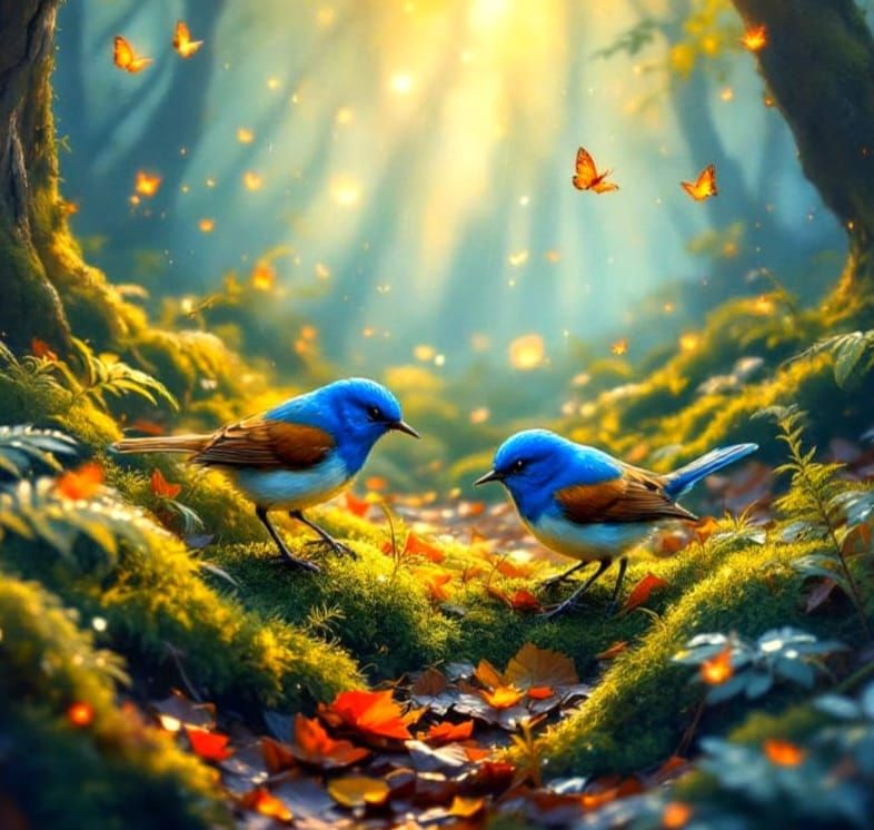 Whimsical Blue Wrens in a Forest Glade