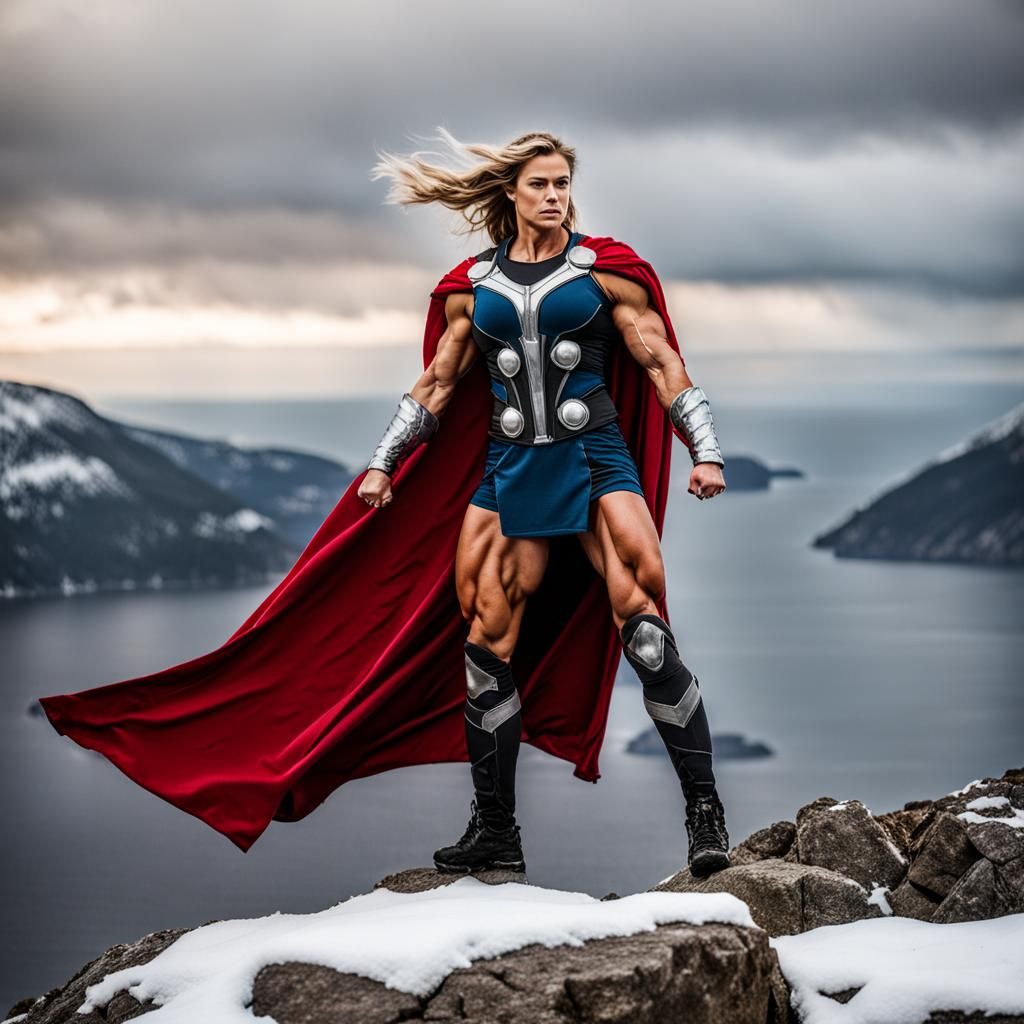 Female Thor Bodybuilder on Snowy Cliff