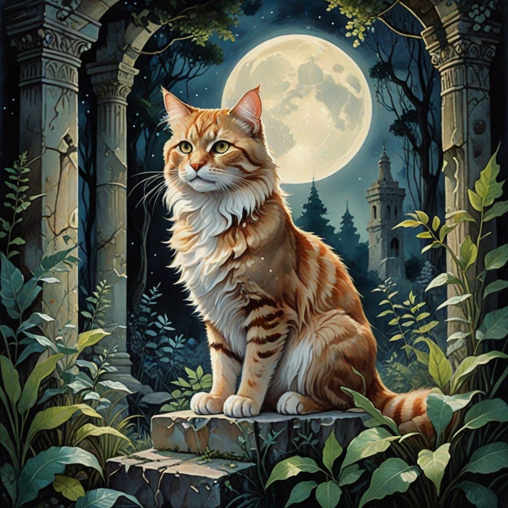 Majestic Cat on Ancient Ruins in Enchanted Forest