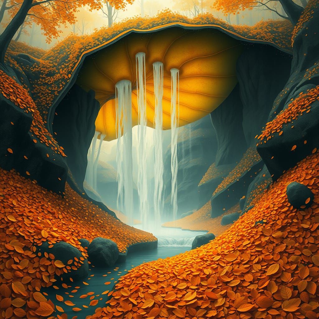 Fantastical Waterfall Through Giant Leaf in Abstract Style