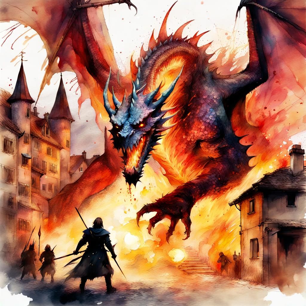 Epic Dragon Attack in Digital Watercolor Illustration