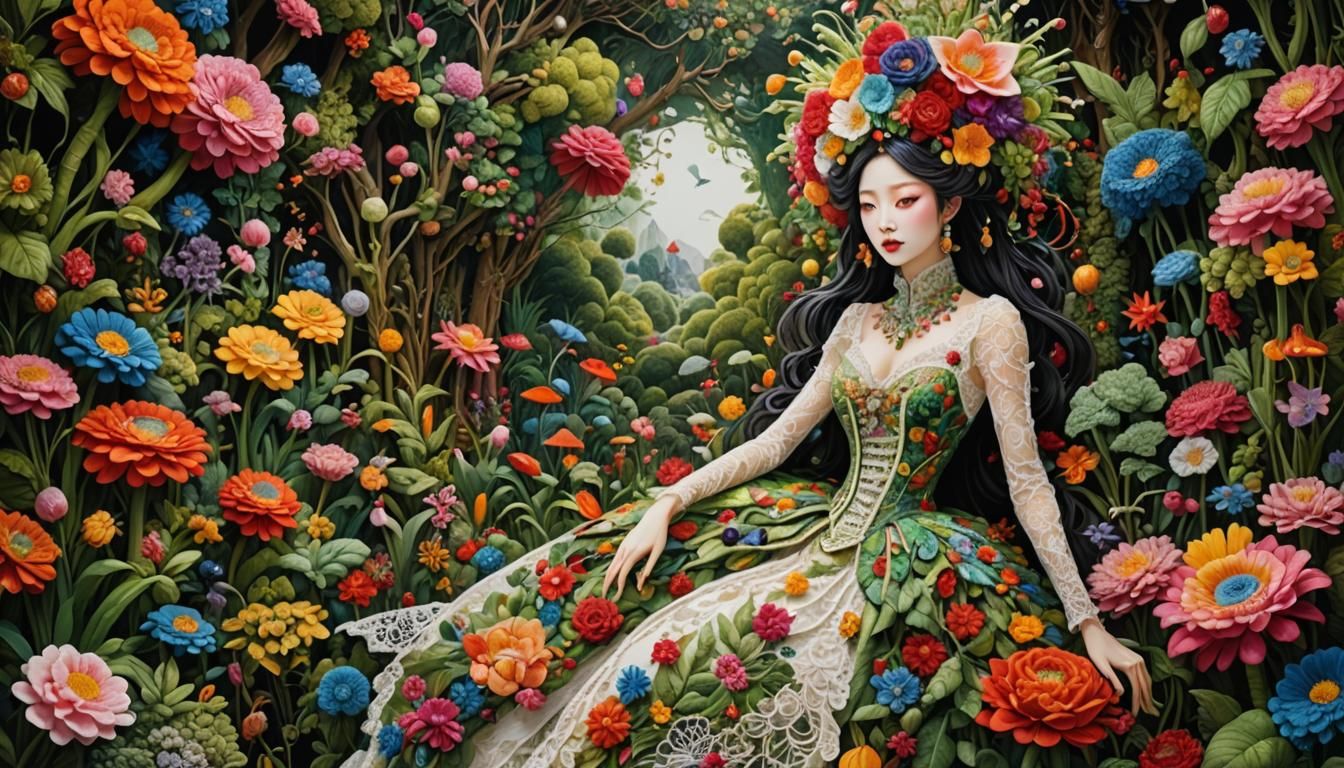 Woman in Food Clothes in Magical Garden