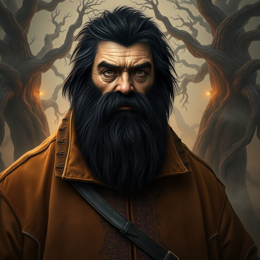 Giant with Black Hair in Mystical Landscape