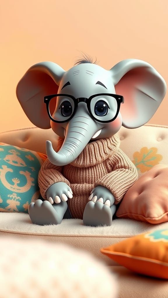 Cartoon Elephant in Glasses on Cozy Couch