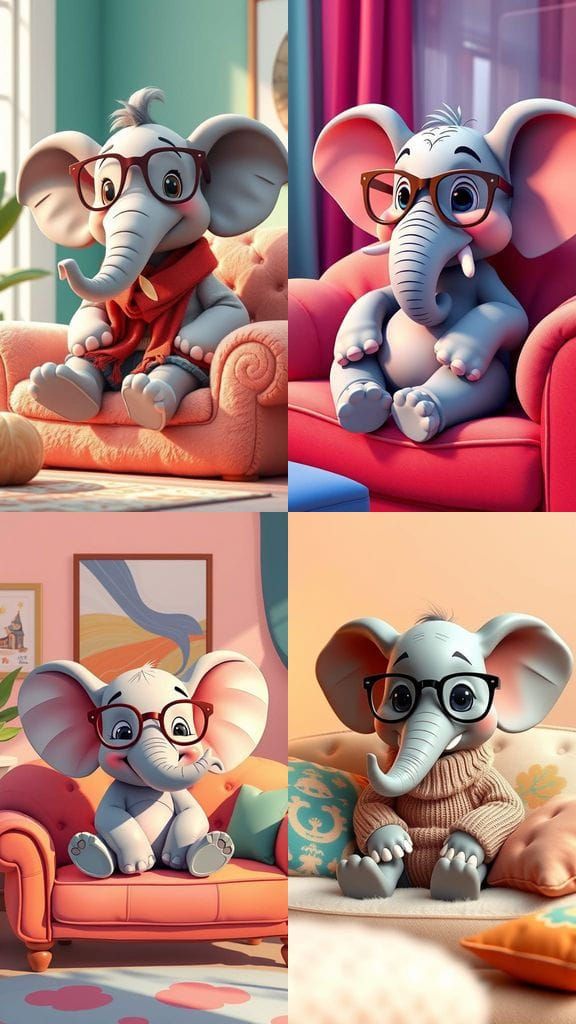 Cartoon Elephant in Glasses Sitting on a Couch