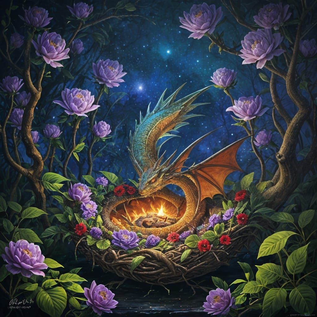 Baby Dragon Sleeping in Cosmic Flower Nest