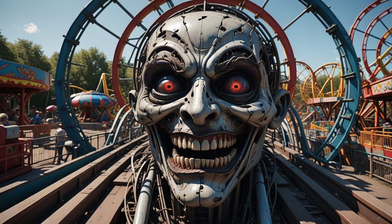 Abandoned Amusement Park Ride with Disturbing Facial Feature...
