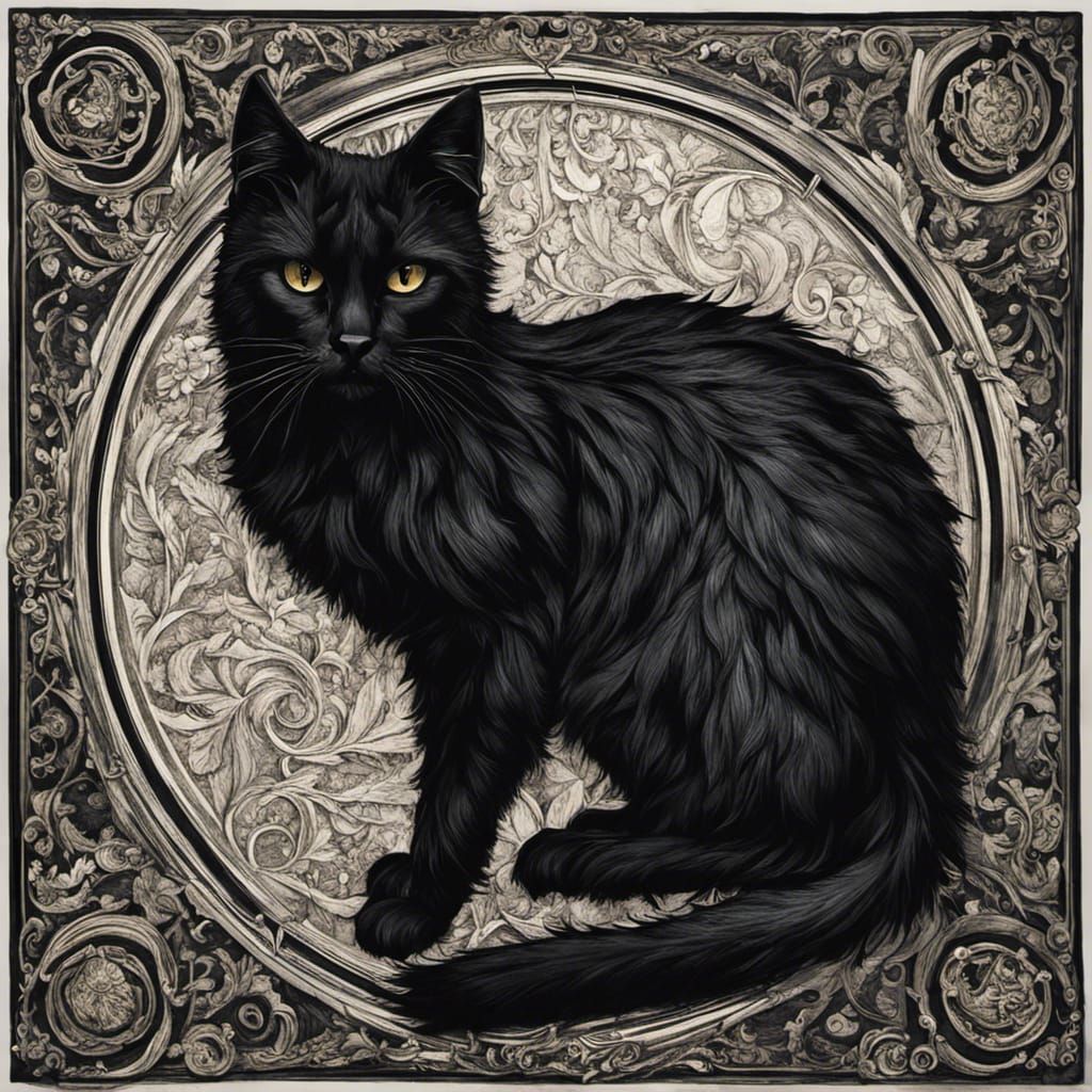 Intricate Black Cat Illustration in Hyperrealistic Style