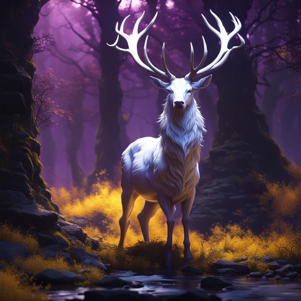 Hyperdetailed White Stag in Dark Fantasy Style