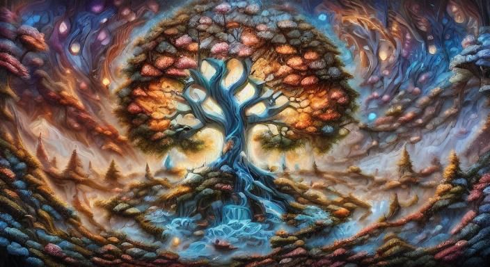 Four Seasons Tree in Surreal Landscape