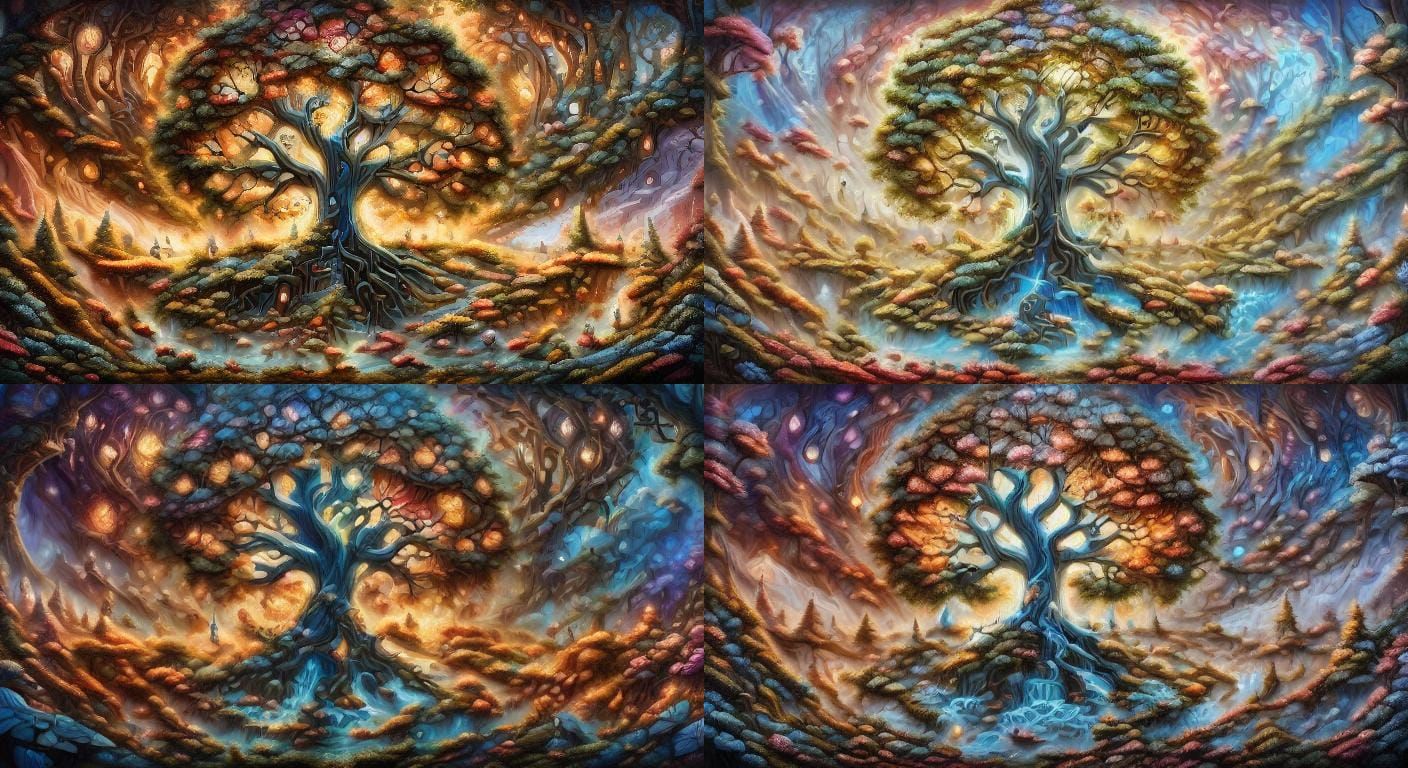 Four Seasons Tree in Surreal Landscape