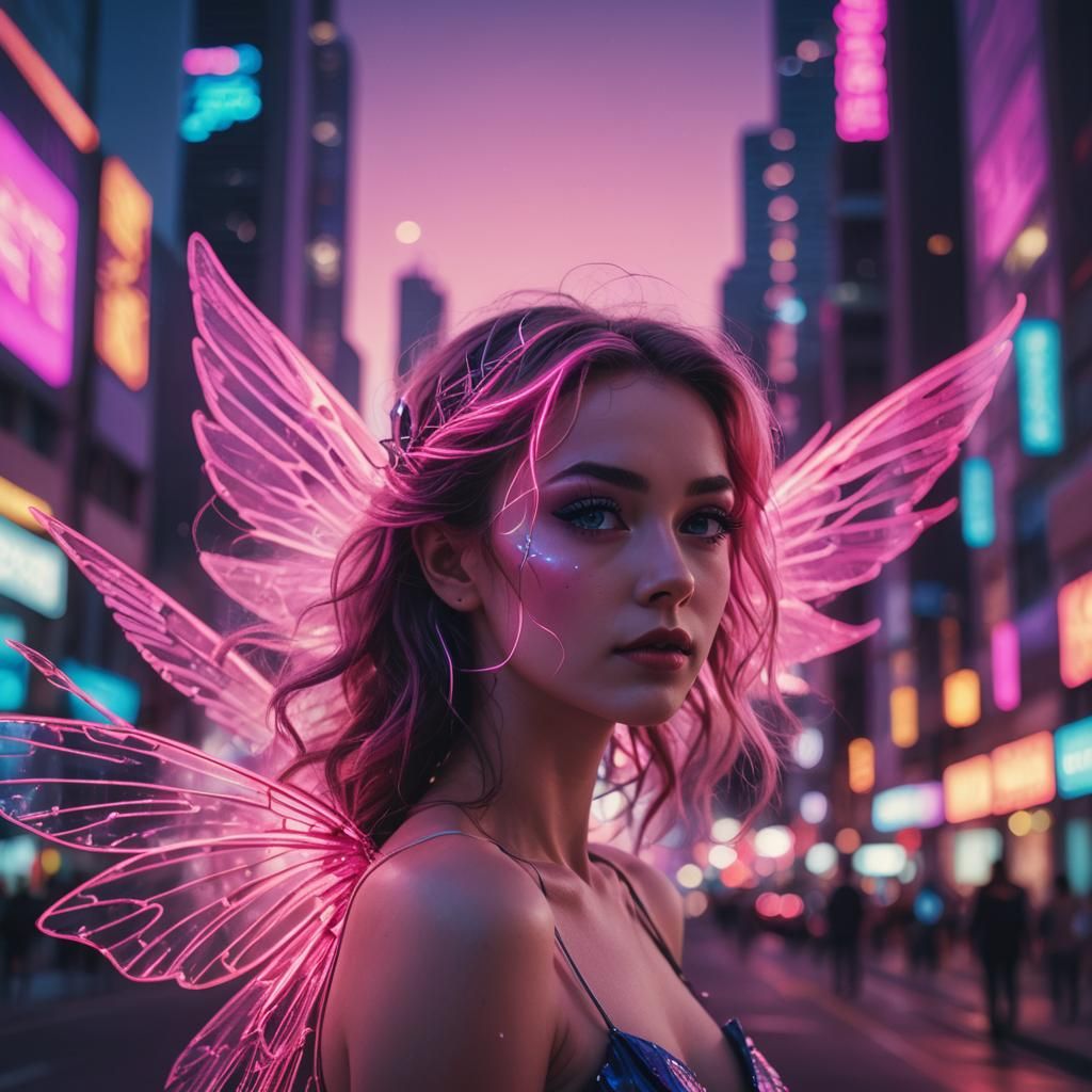 Synthwave Fairy with Neon Wings in Cityscape