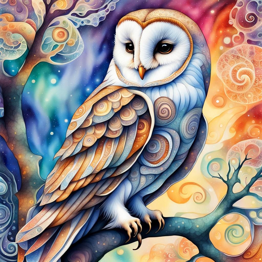 Barn Owl on Fractal Branch in Watercolour Style