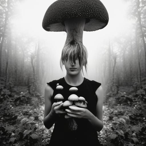 Monochrome Forest: Mushrooms and Portrait