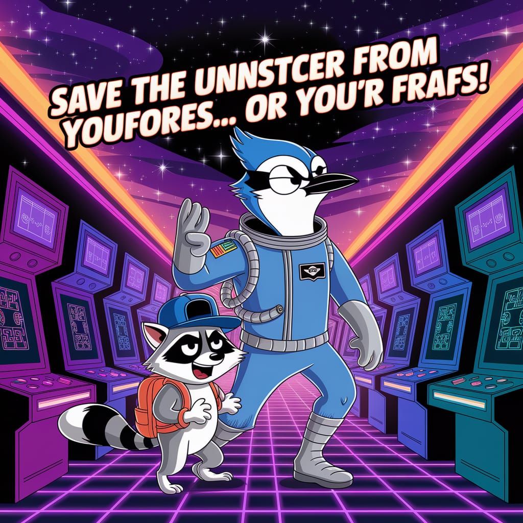 Cosmic Arcade Chaos: Sci-Fi Poster in J.G. Quintel Style