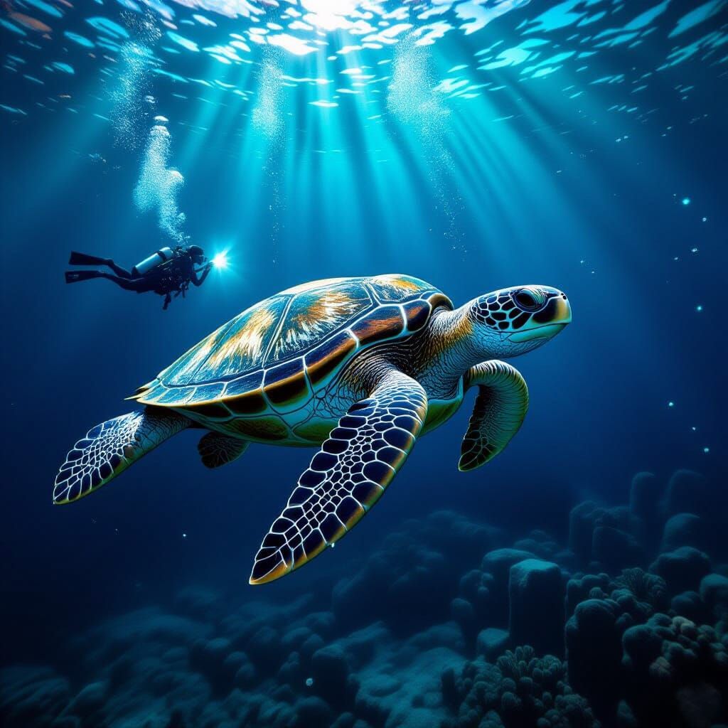 Loggerhead Turtle Among Bioluminescent Ruins at Night
