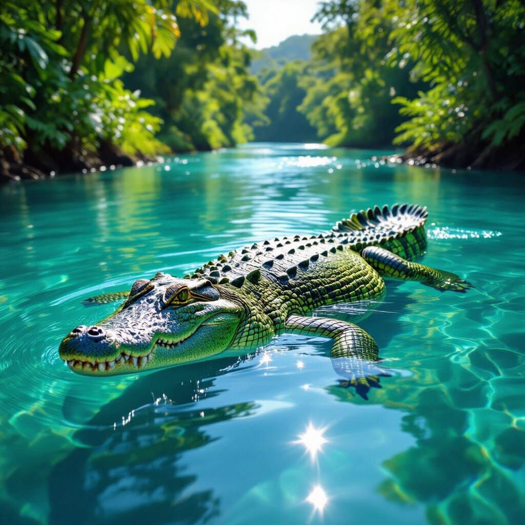 Photorealistic Crocodile Swimming in Lush River
