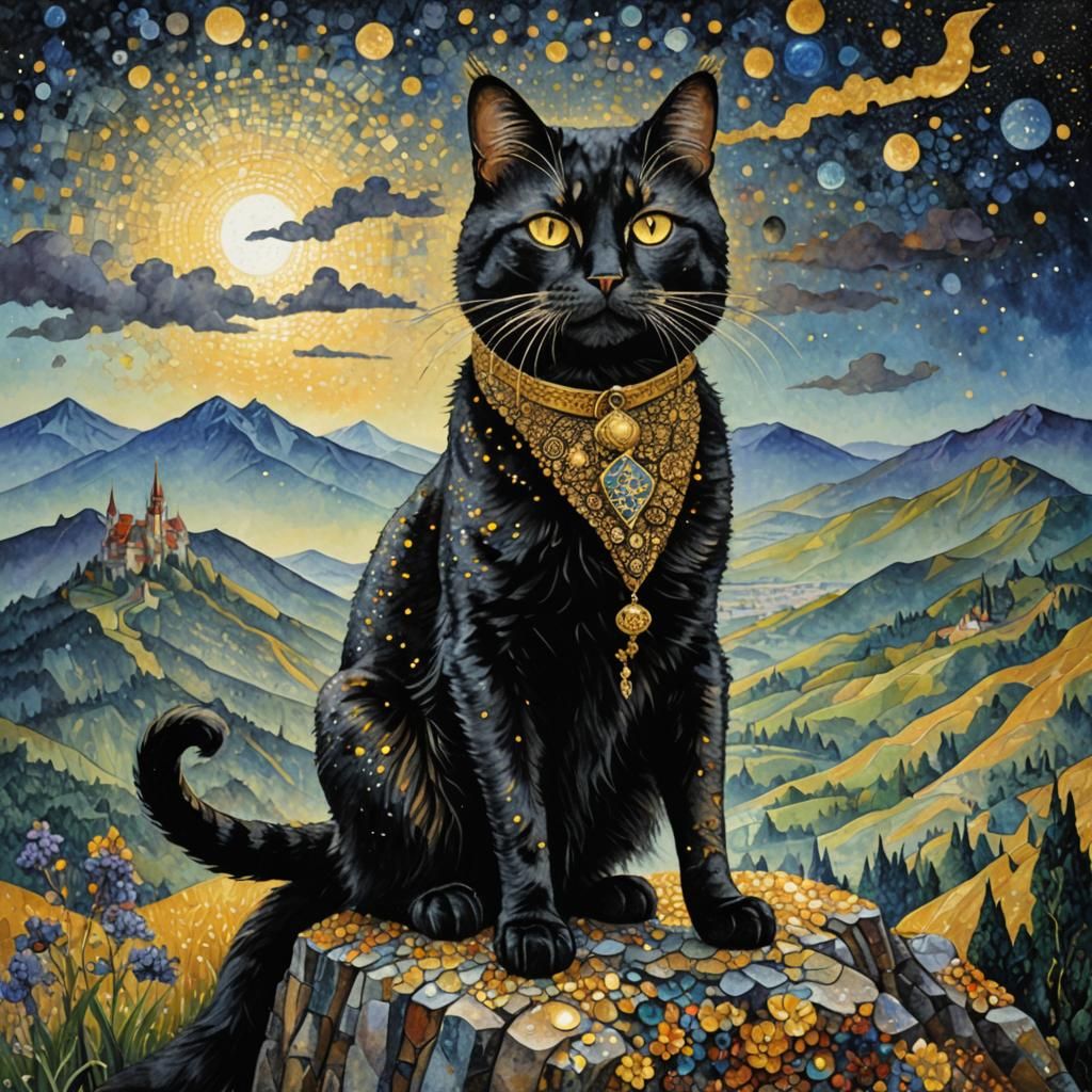 Golden Cat on Mountain in Pointillism Style