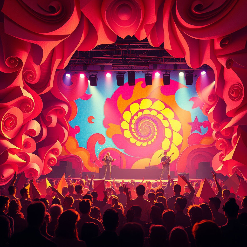 Psychedelic 1970s Concert Scene in Whimsical Style