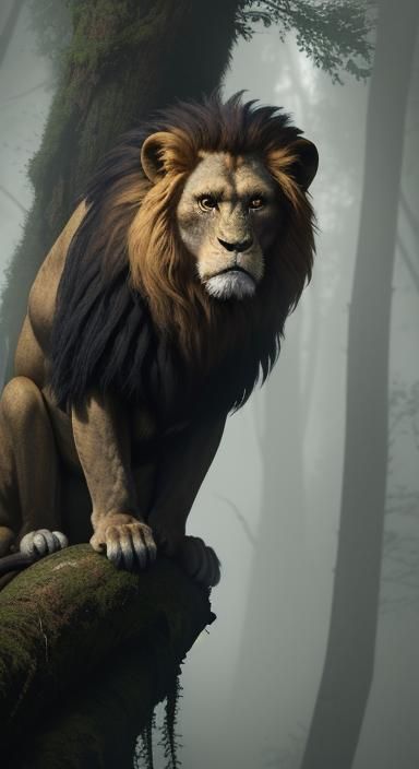 Lion-Monkey Hybrid in Misty Forest: Cinematic Still