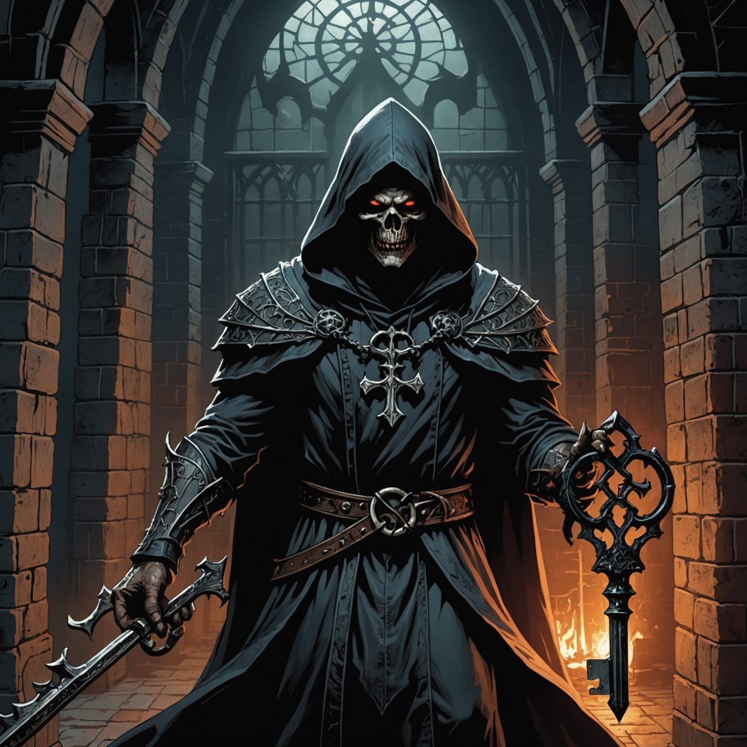 Hooded Demon with Gothic Key in Dark Prison