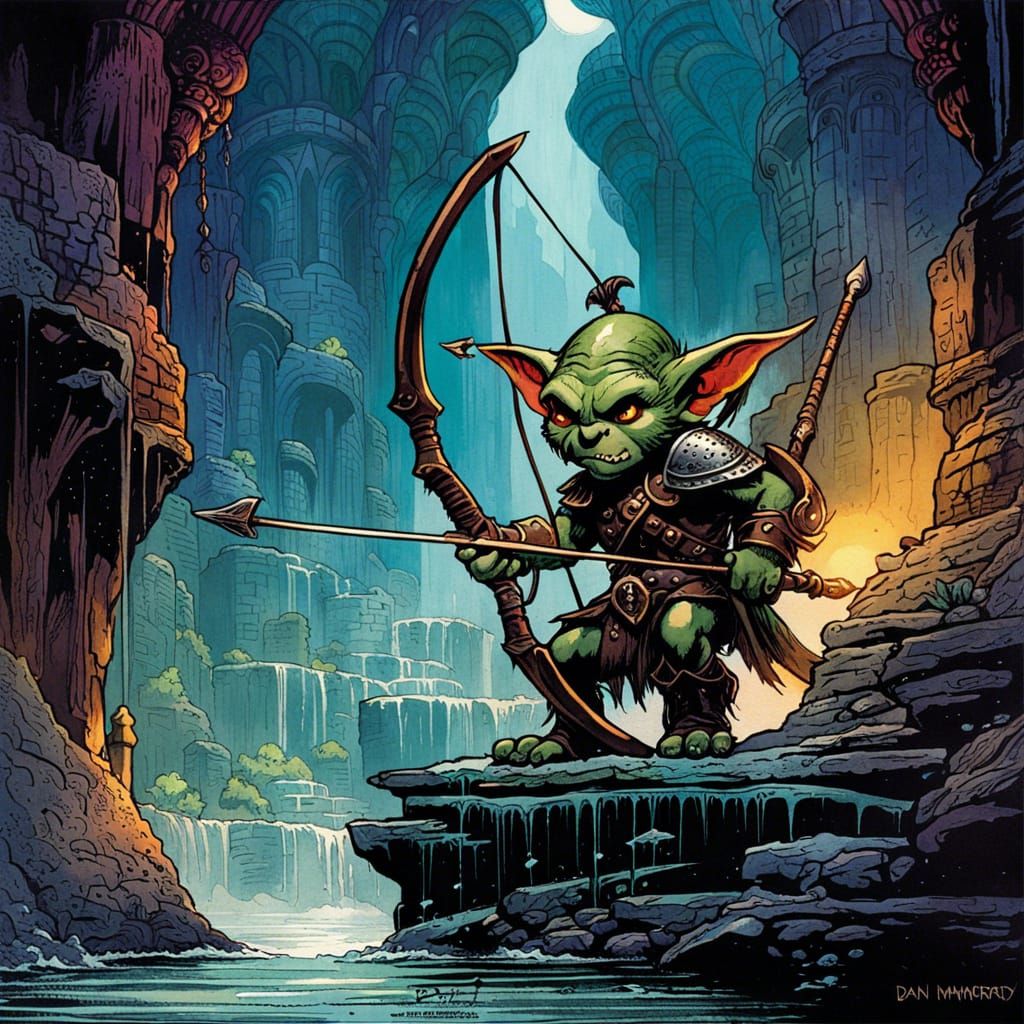 Goblin Archer in Dungeon, Watercolor Comic Book Art