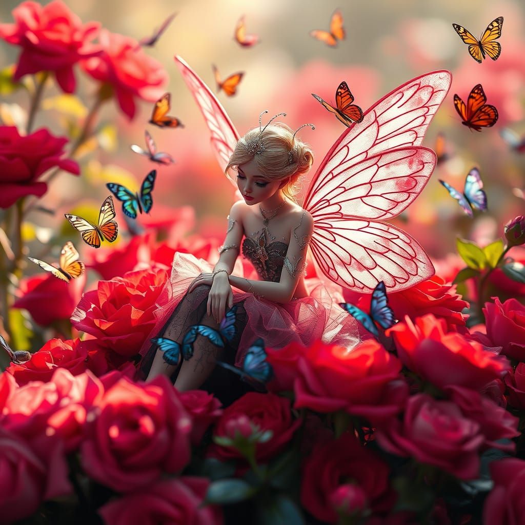 Hyper-Realistic Fairy in a Vibrant Rose Garden
