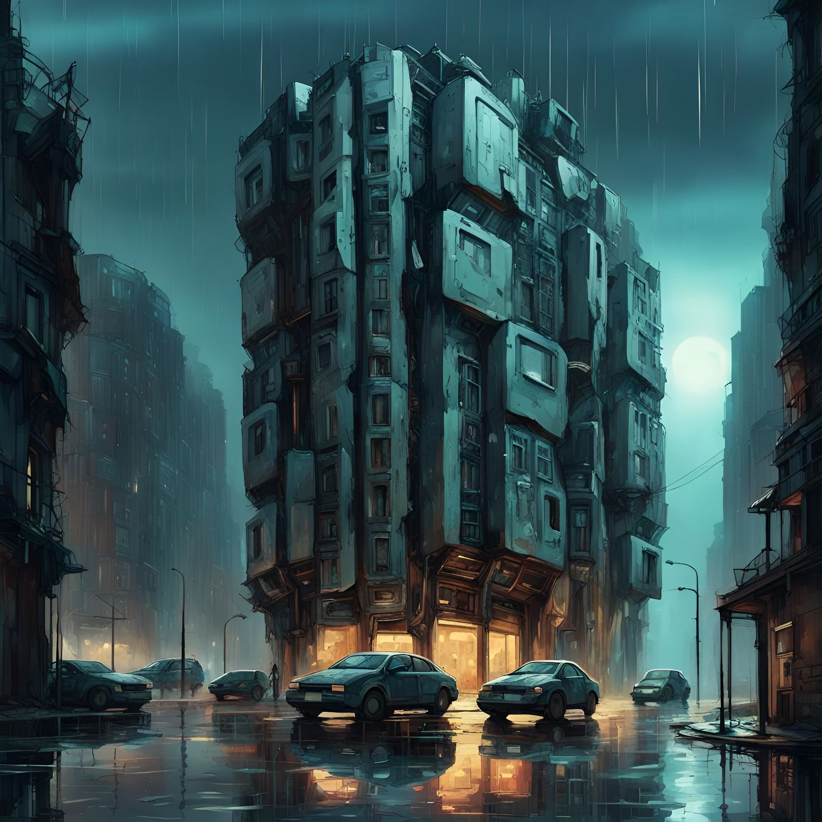 Futuristic Ruined Cityscape with Cyborgs in Art Deco Style