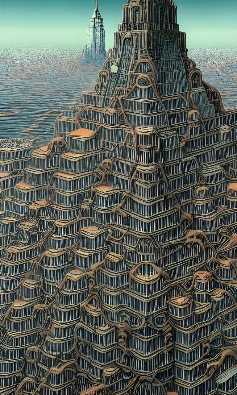 La torre de Babel intricately detailed hyperdetailed Zdzisław Beksiński concrete art Ukiyo-e retrofutur...