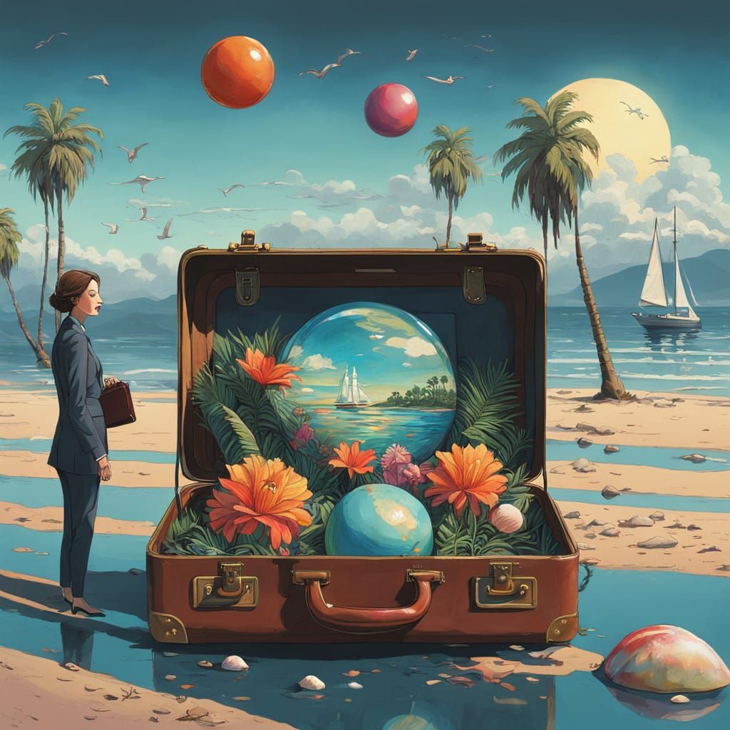 A Surreal Businesswoman Unfurls a Tropical Oasis from Her Br...