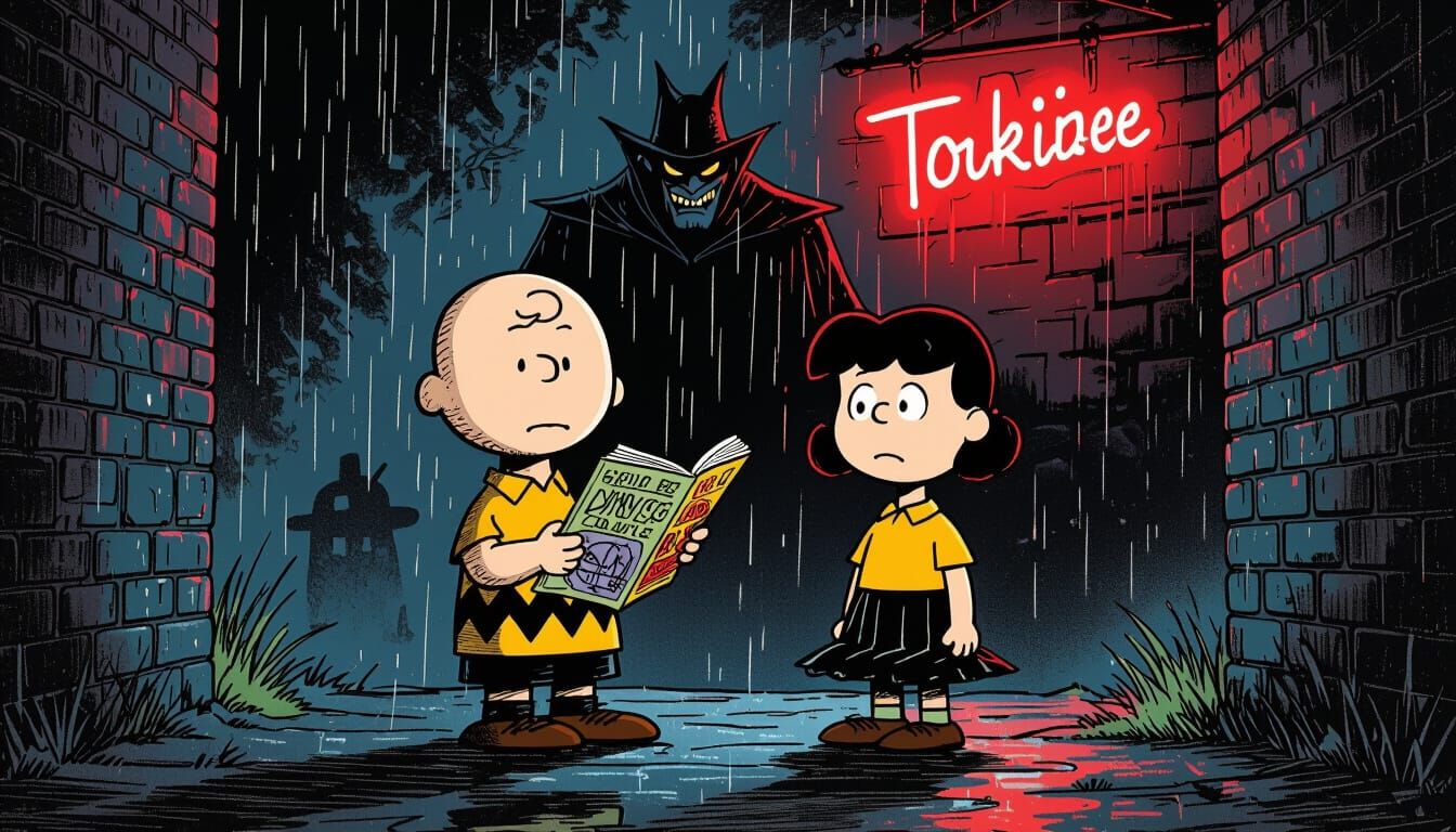 Charlie Brown and Lucy are visiting the scary city.