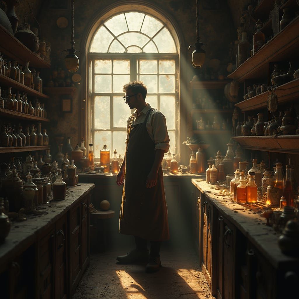 Magic Shop Owner Amidst Enchanted Artifacts in Photorealisti...