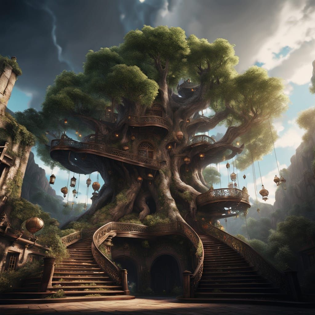 Endless Staircase in Hollow Tree with Lanterns