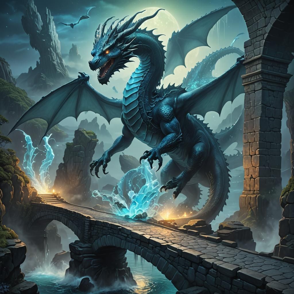 Bioluminescent Dragon Crossing Stone Bridge at Sea