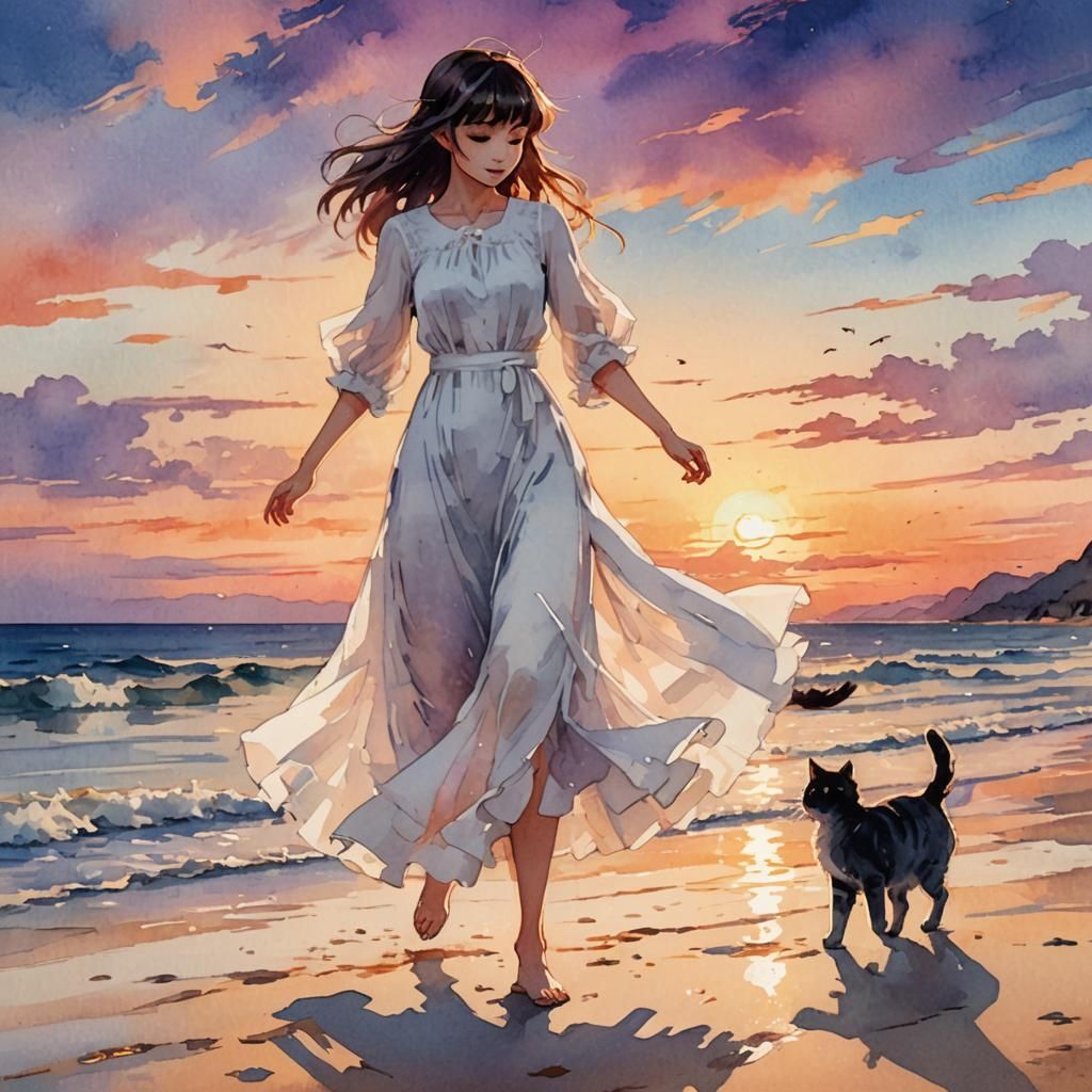 Anime Girl Dancing on Beach at Sunset