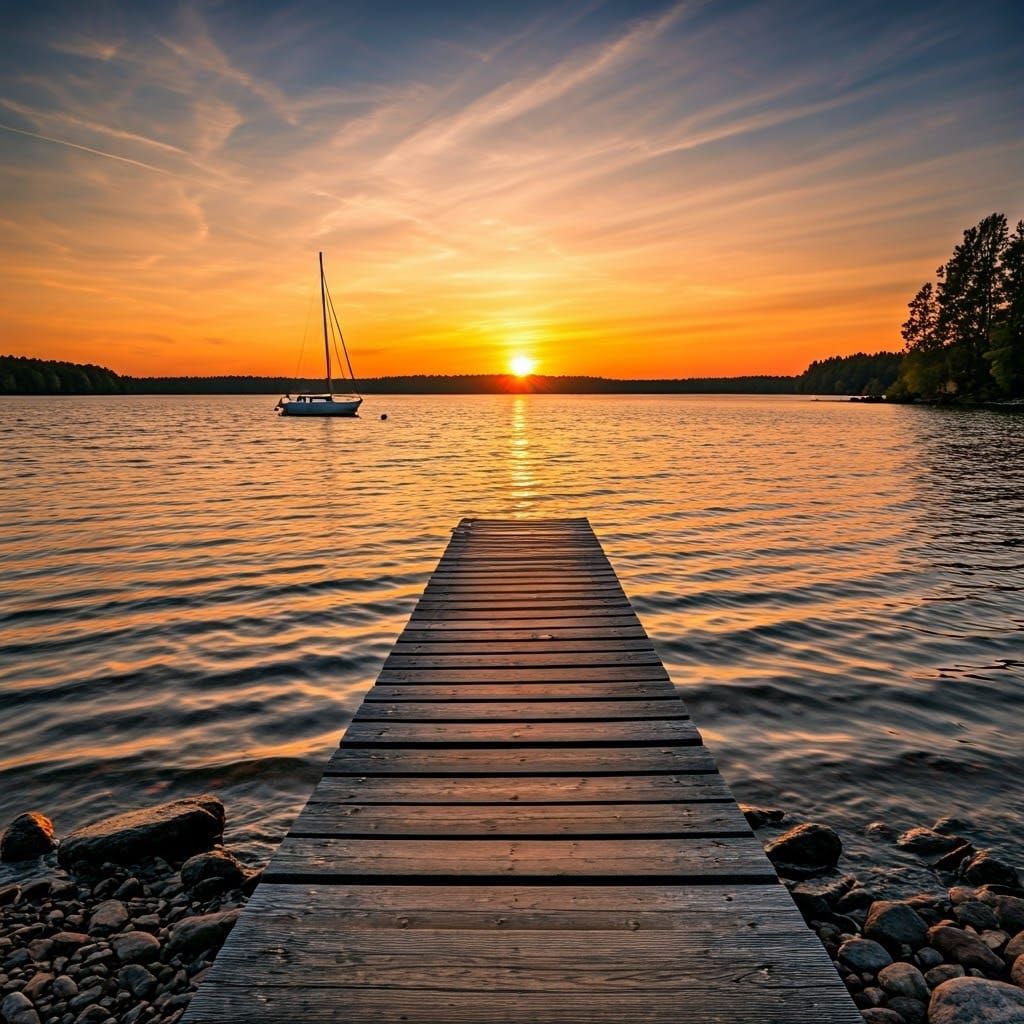 Warm Sunset over Serene Lake with Rustic Dock and Silhouette...