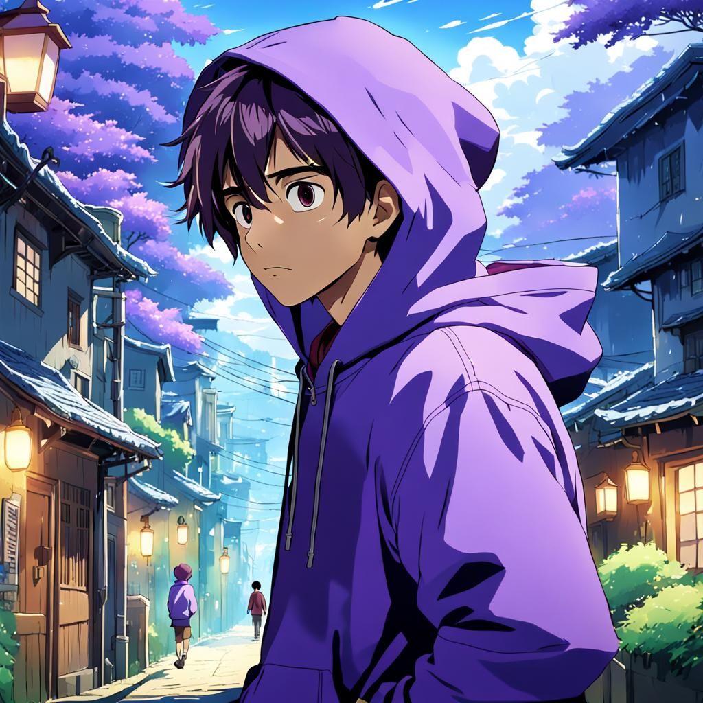 Man in Purple Hoodie: Studio Ghibli Anime
