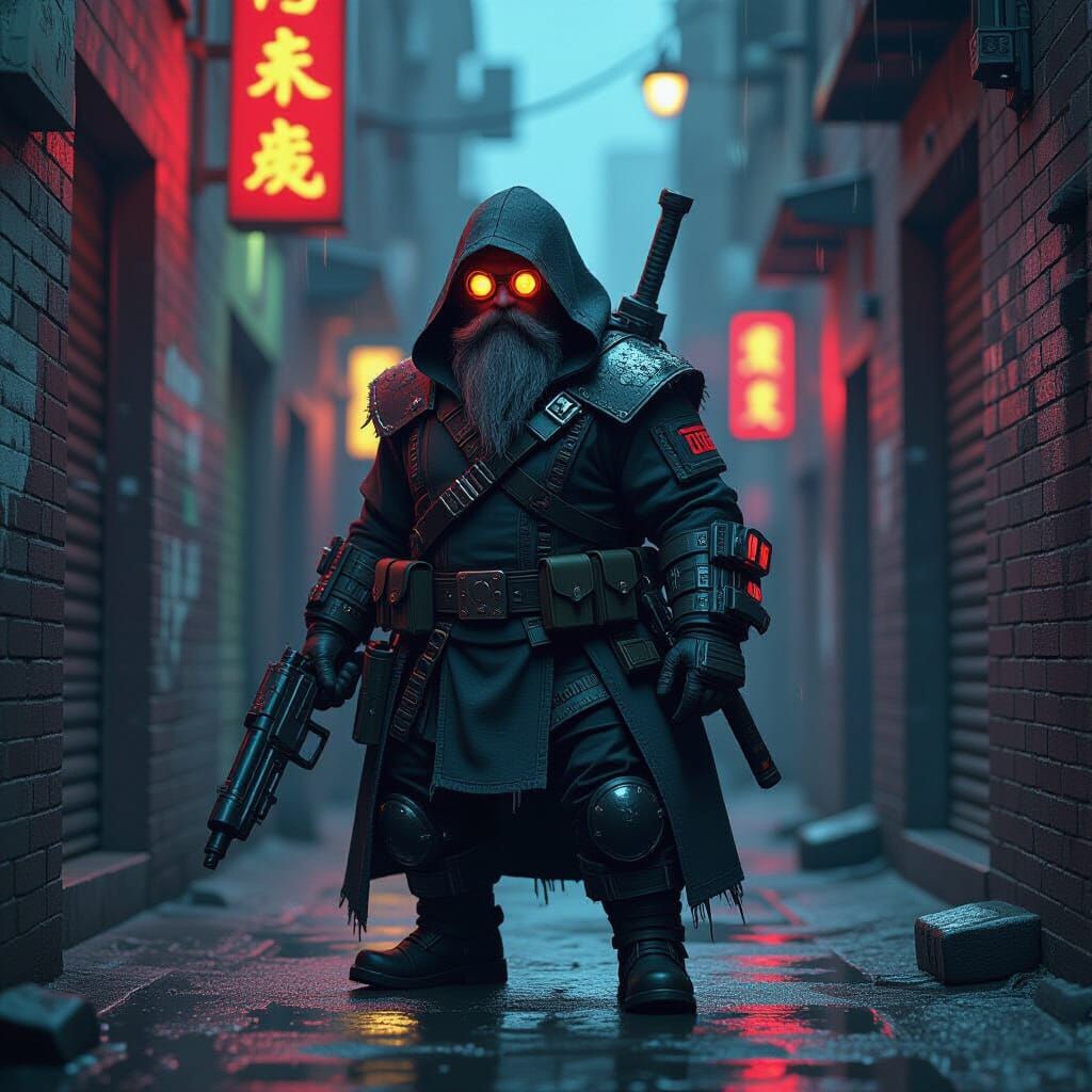Cybernetic Dwarf Bounty Hunter in Neon Alleyway