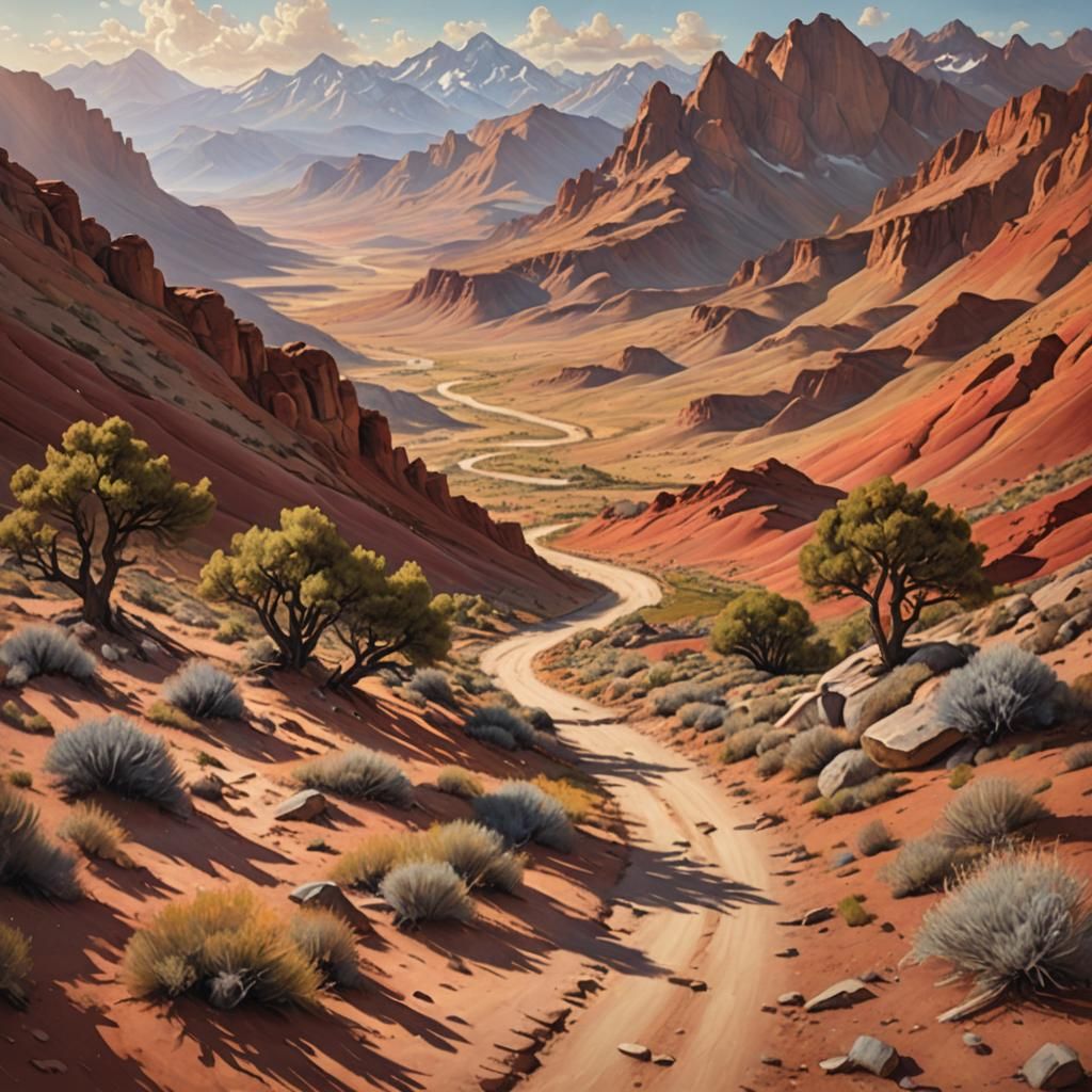 Red Desert Walking Path in Alpine Landscape