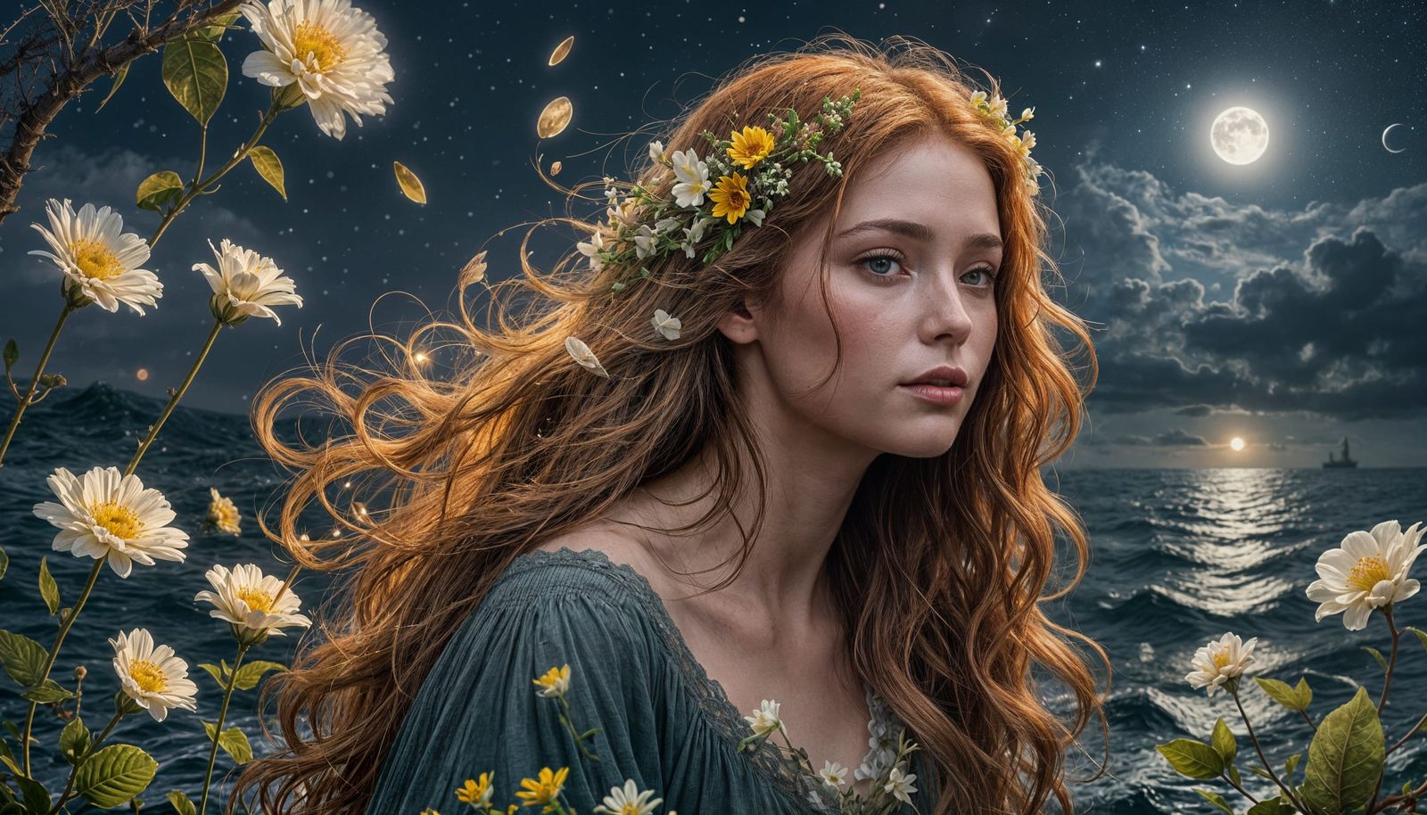 Redhead by Ocean Gazing at Misty Moonlight Lighthouse