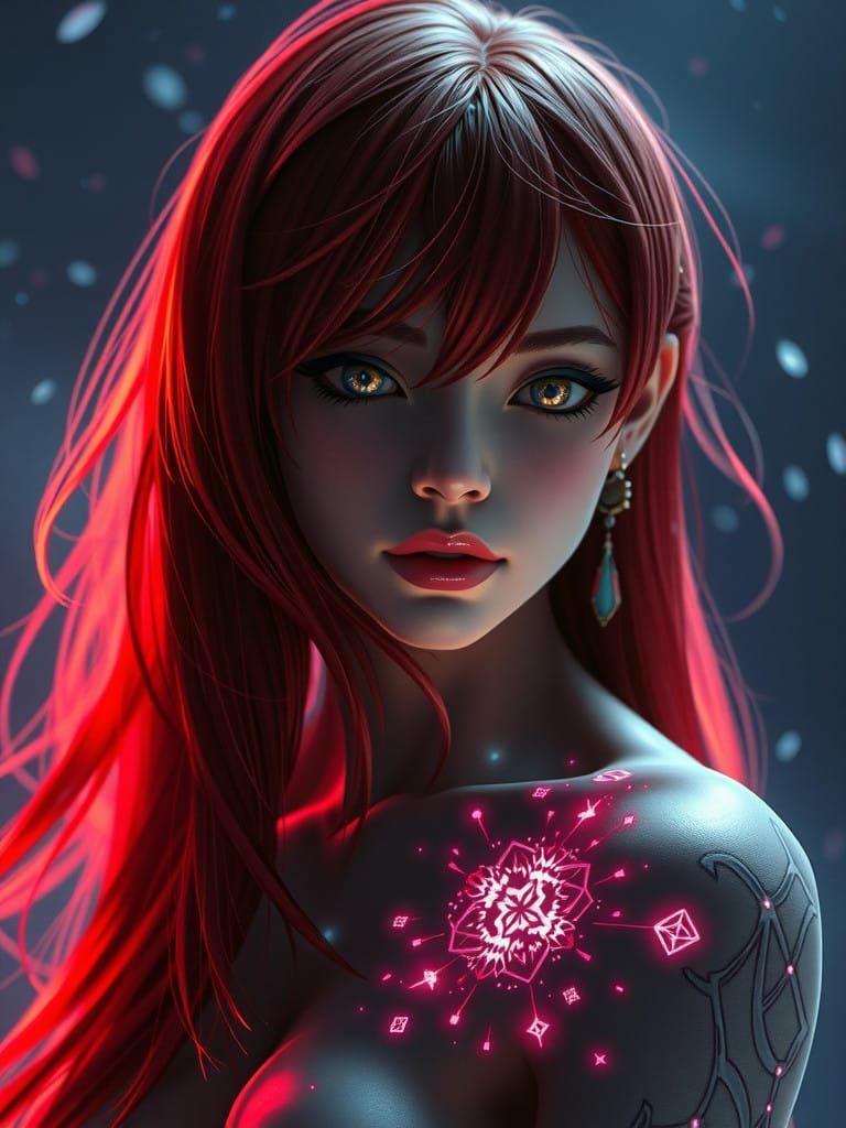 Ethereal Red Haired Woman with Glowing Tattoo in Mysterious....