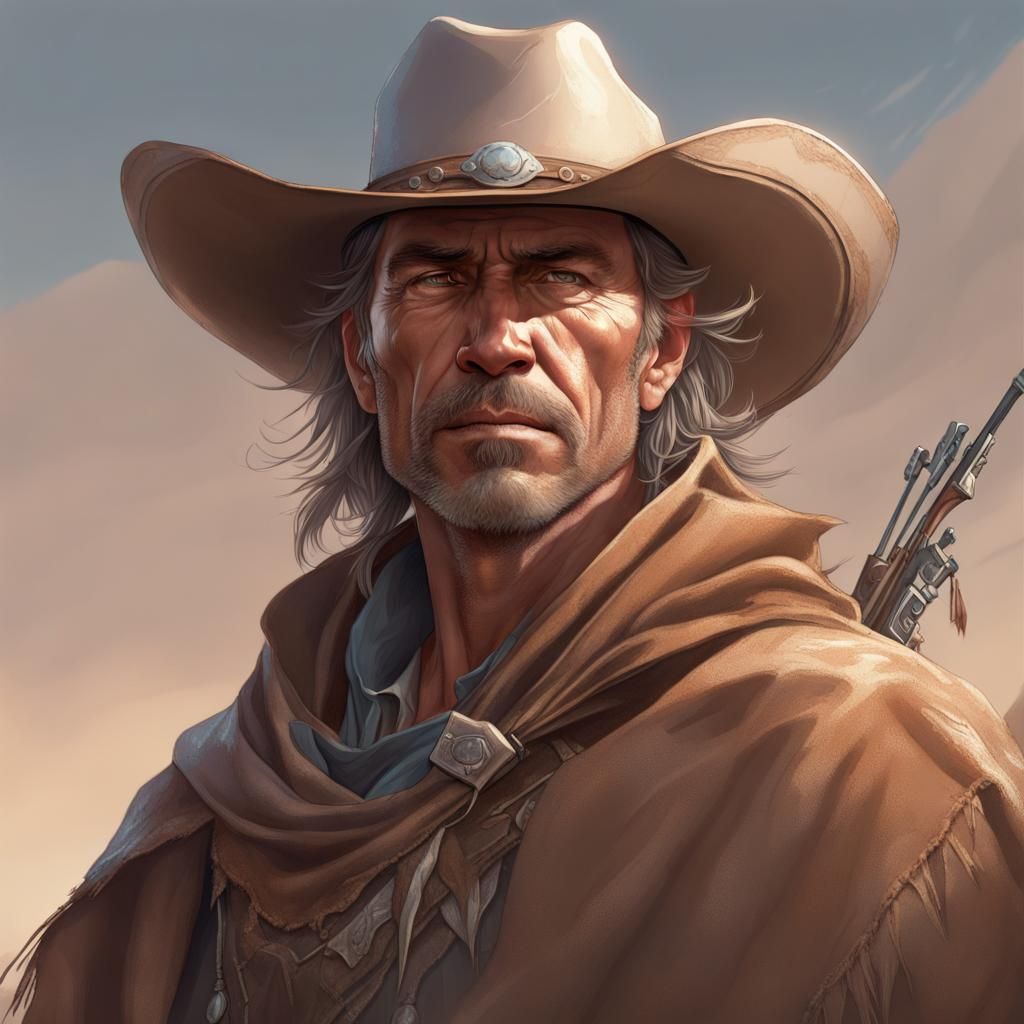 Fantasy Cowboy Portrait with Crossbows, Hyperdetailed Art