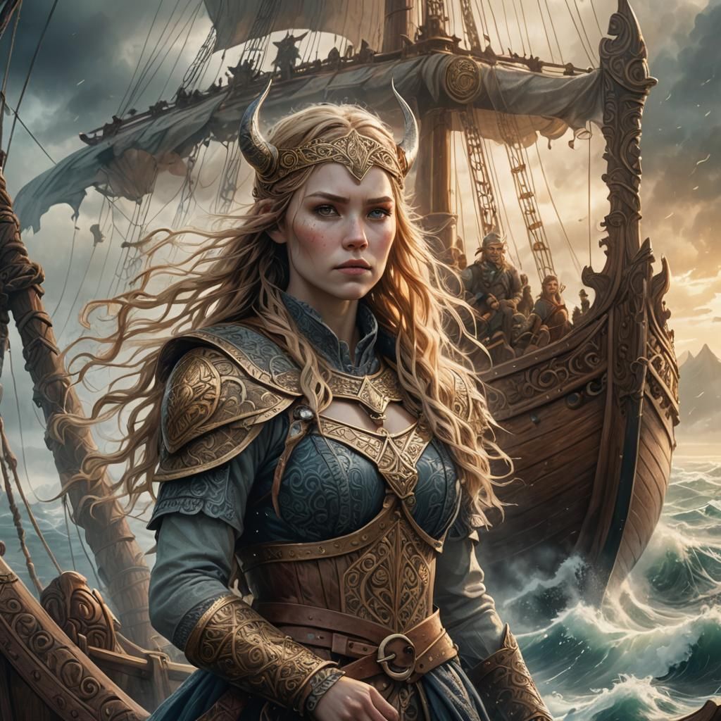Viking Queen on Longship in High Fantasy Style
