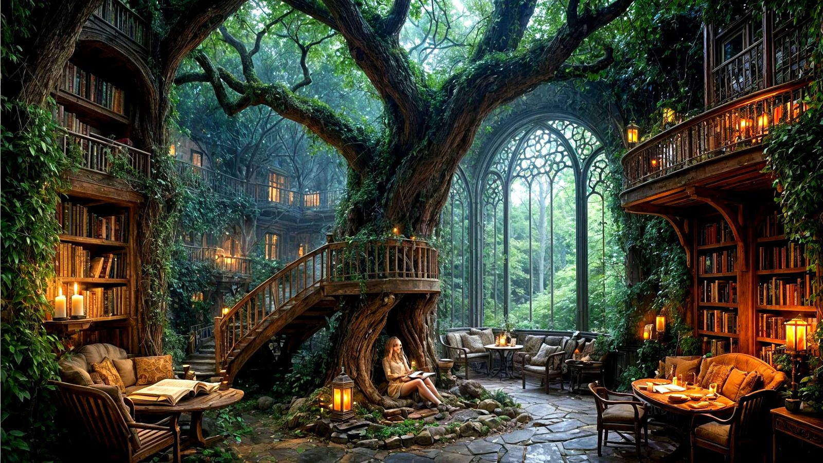 Magical Elven Library in Ancient Oak Tree
