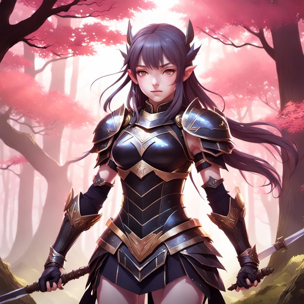 Anime Warrior in Mystical Forest: 3D Art