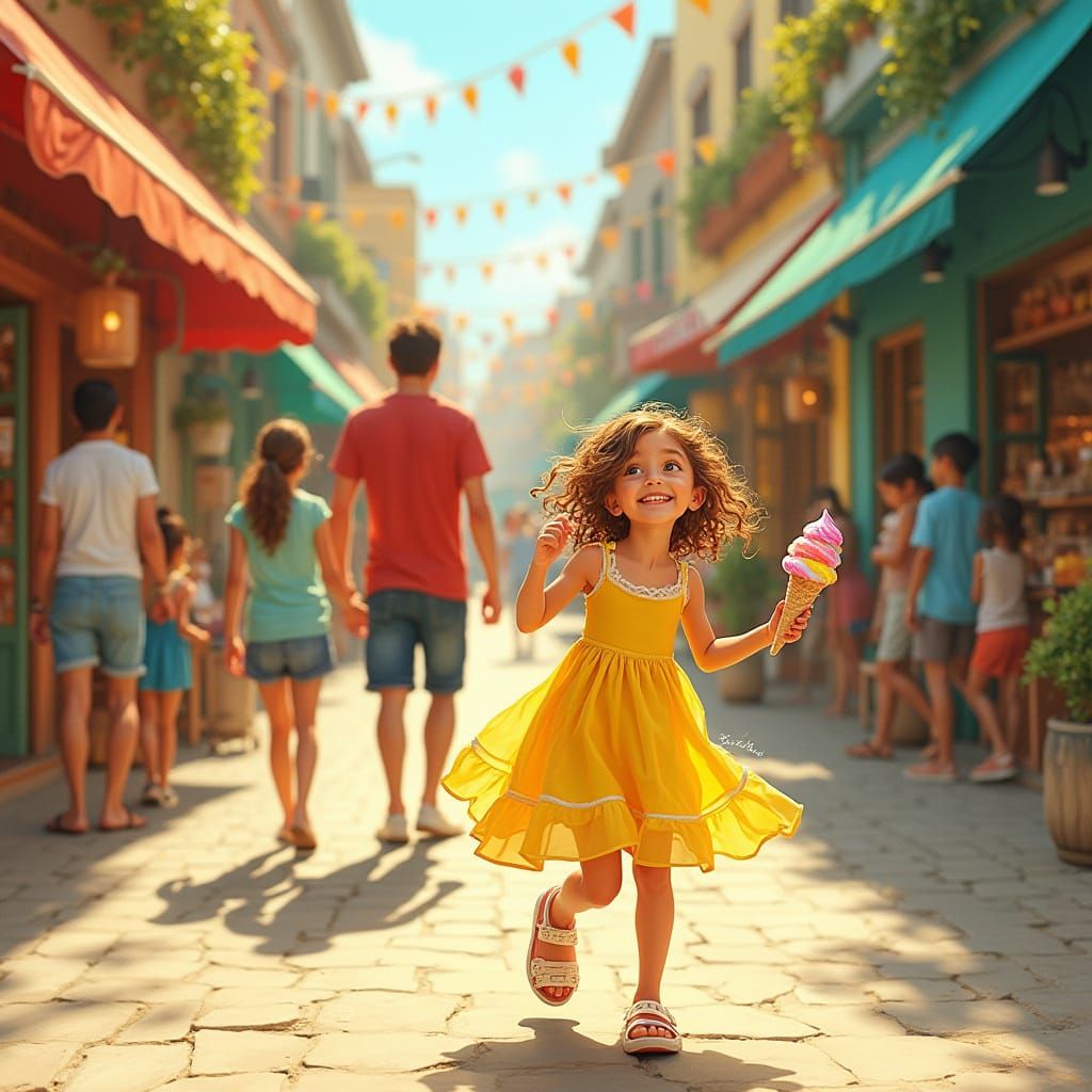 Girl and Father on Colorful Street, Storybook Illustration
